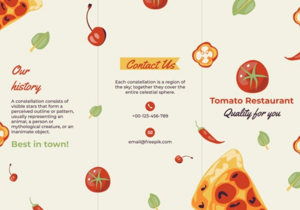 Desain brosur katering dengan ilustrasi buah-buahan segar